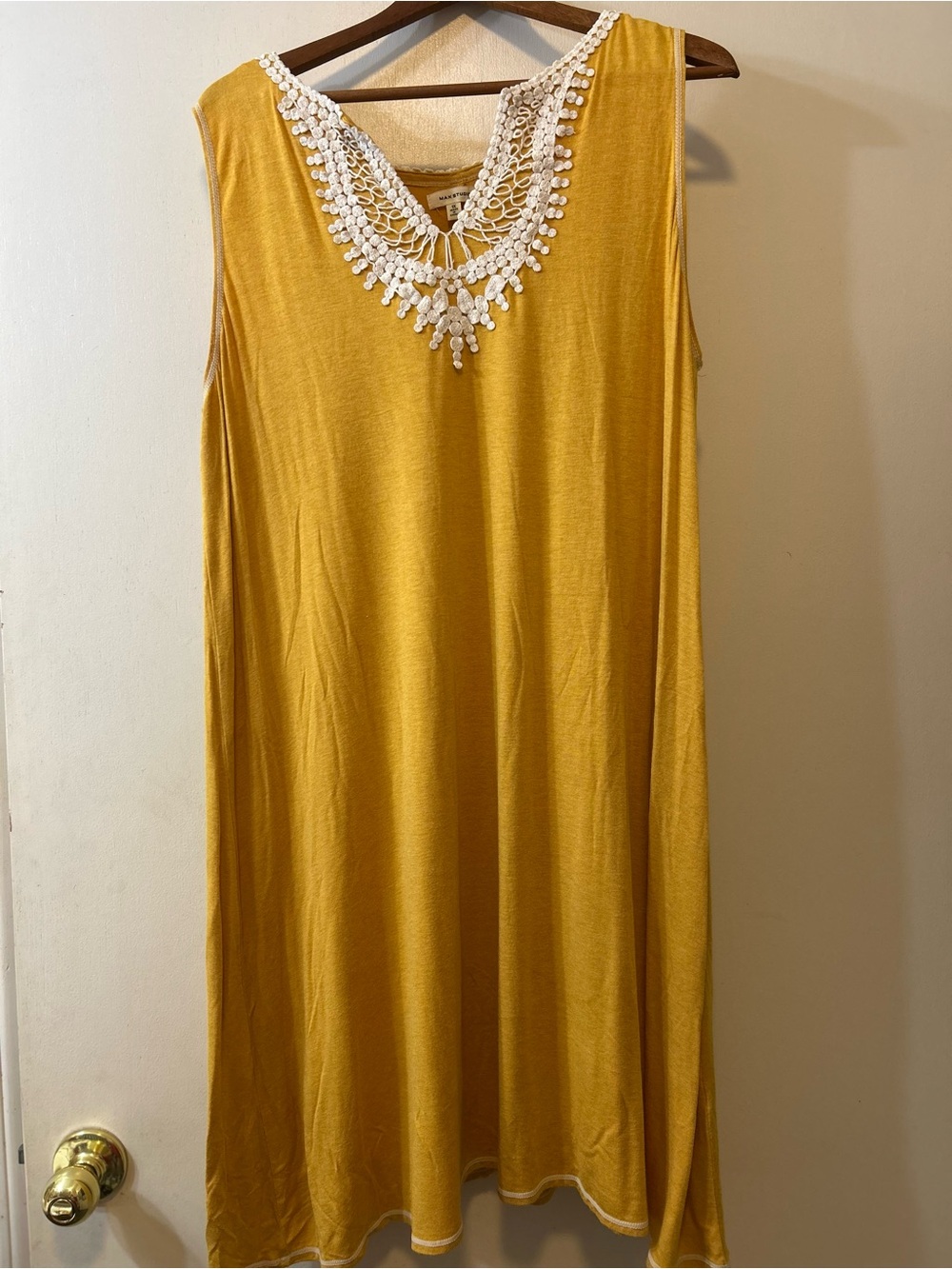 Max Studio Mustard Yellow Midi Dress with White Crochet V-Neckline